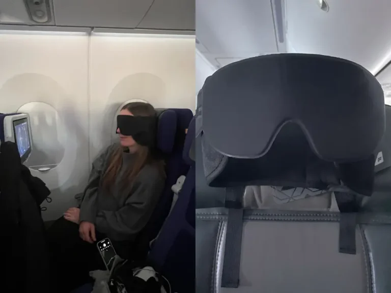 I tried the viral sleep mask that attaches to your plane seat on a 10-hour flight to Germany. It had its pros, but I won’t pack it again.