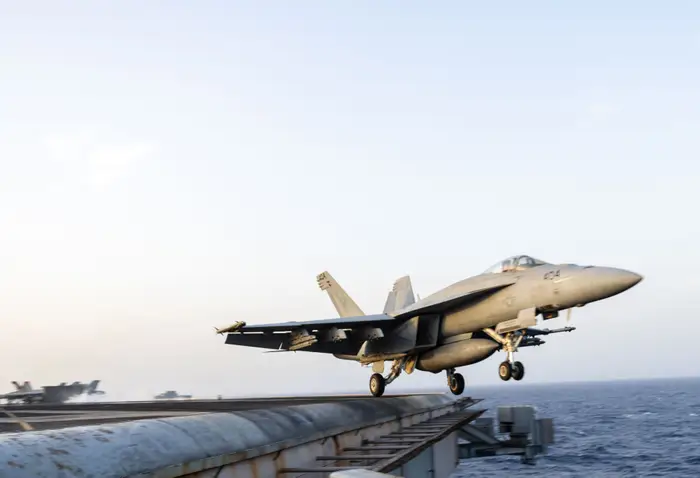 A US Navy aircraft carrier in the Red Sea fight just lost another $60 million Super Hornet. This one fell off the ship.