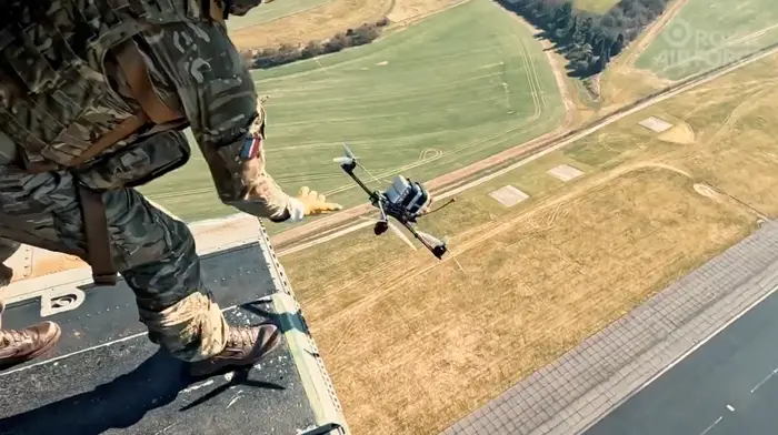 Video shows the Royal Air Force test-launching drones from a Chinook helicopter